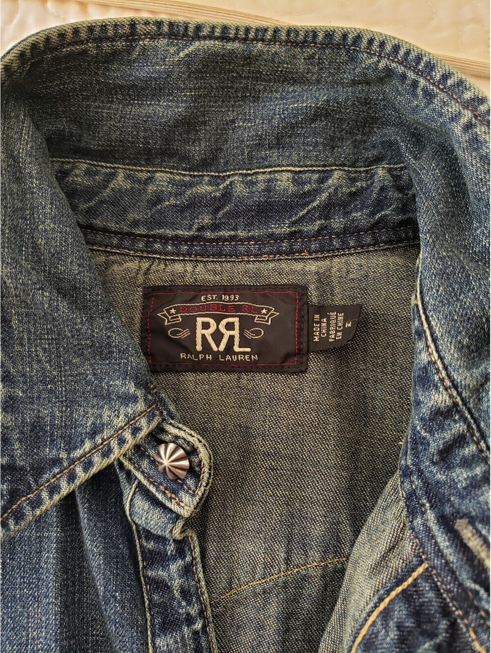RRL Ralph Lauren Western Denim Snap Bottom Shirt Distressed Indigo men Size M - Picture 3 of 7